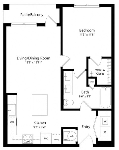 Floor plan for 1 bed, 1 bath, 703 sqft